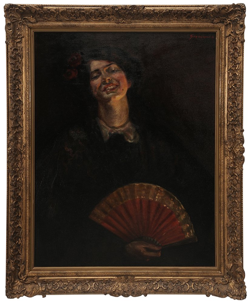 Edwin Booth Grossmann: (Maine/New York/France, 1887-1957) Woman with Red Fan, Paris, 1910, signed upper right "Grossmann", oil on canvas, 35 x 27-1/8 in.; gilt wood and composition frame, restretched and possibly slightly r