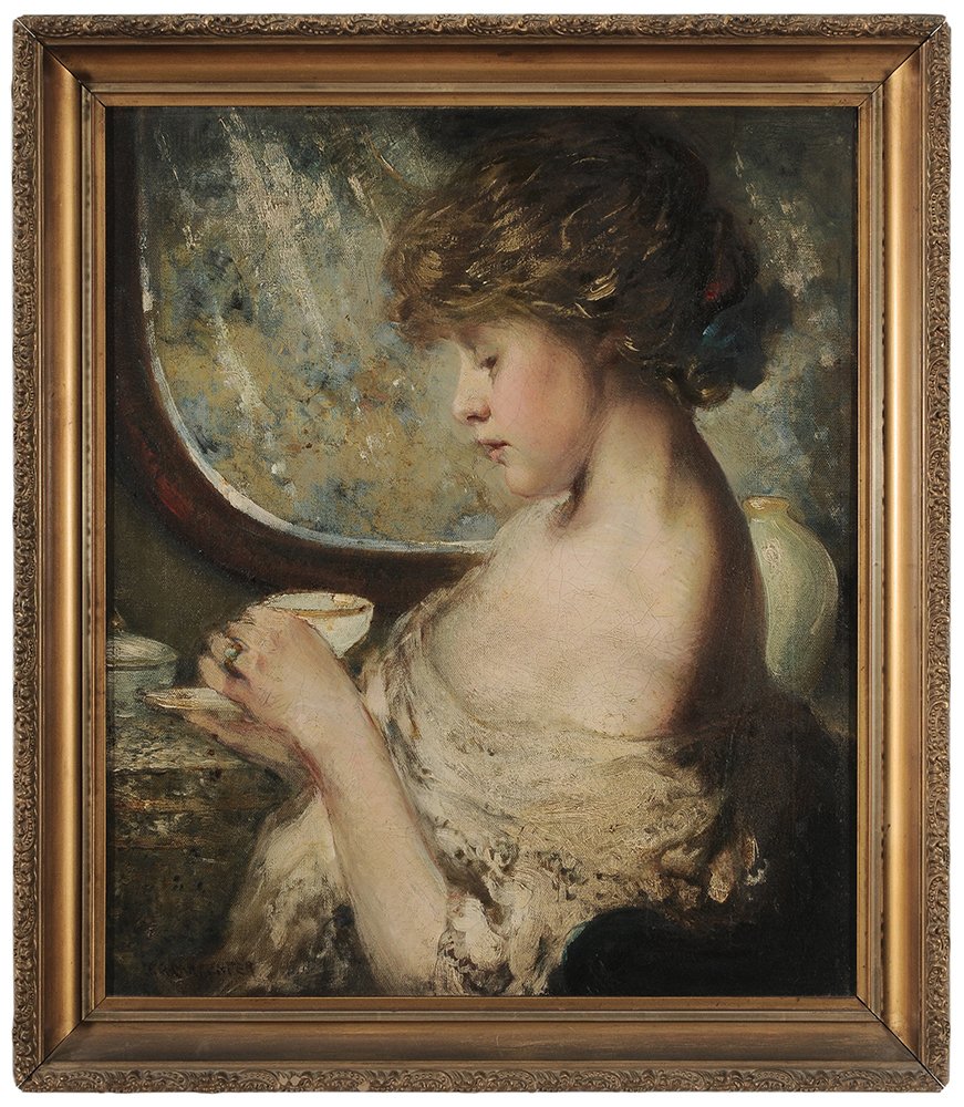 Fred Greene Carpenter: (Missouri, 1882-1965) Taking Tea, circa 1905, signed lower left "F.G. Carpenter", oil on canvas, 23-7/8 x 20-1/8 in.; gilt wood and composition frame, lined and restretched, crackle, repaired tears lo