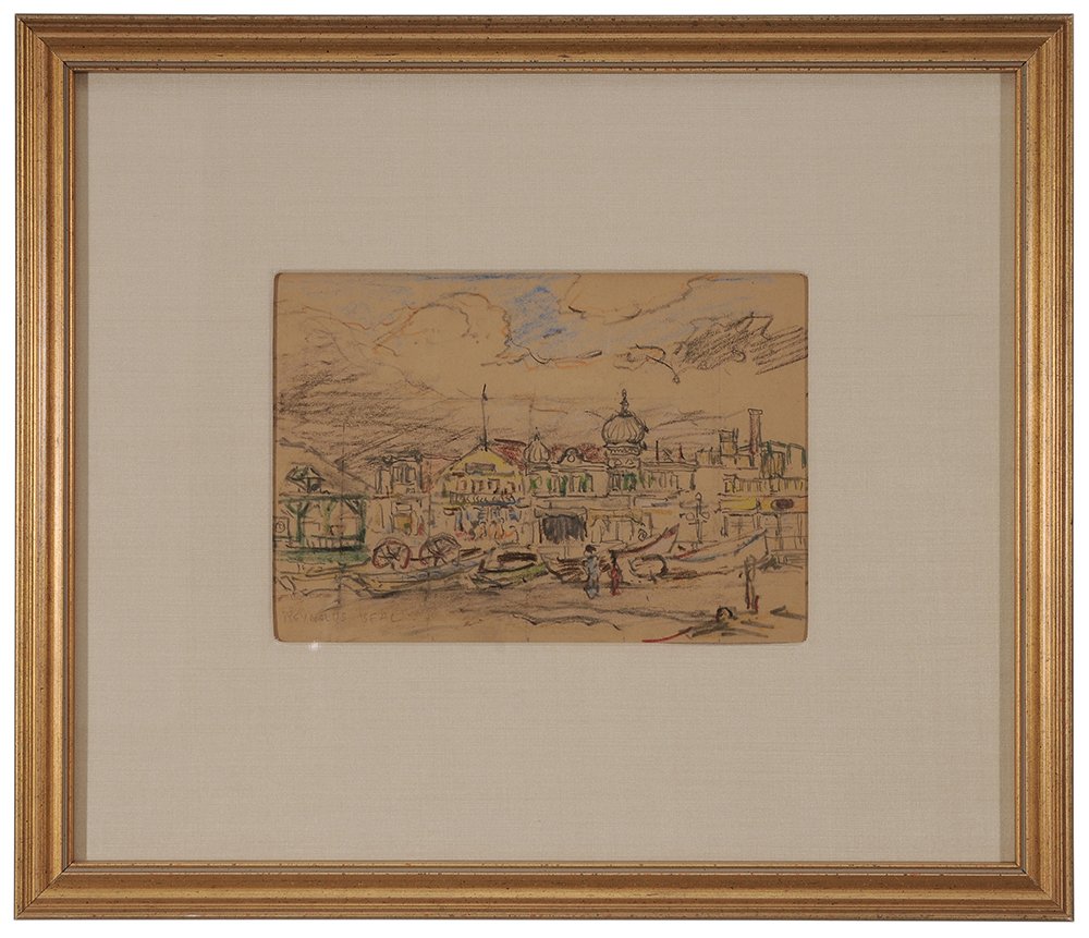 Reynolds Beal: (Massachusetts/Rhode Island, 1866-1951) Harbor View, with town and beached boats, signed lower left "Reynolds Beal", colored pencil and graphite on brown paper, 5-1/8 x 7-5/8 in.; gilt wood frame with