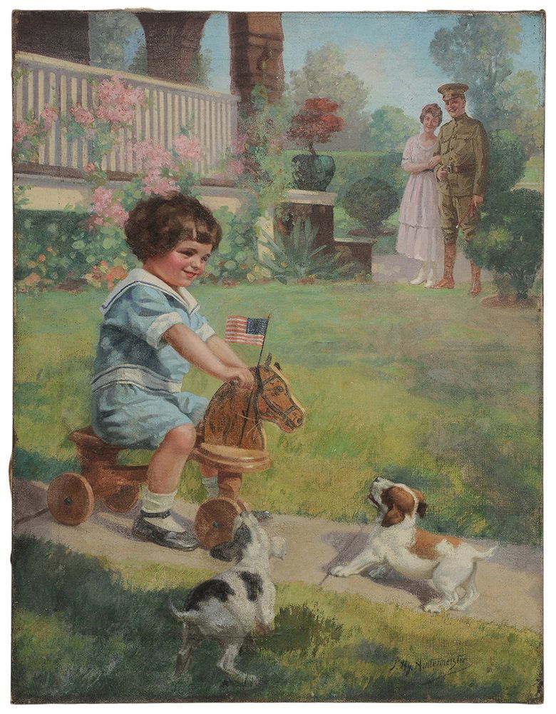 John Henry Hintermeister, Jr.: (New York, 1897- 972) "Daddy Came Back", circa 1920, signed lower right "J. Hy. Hintermeister", oil on canvas, 26 x 20 in.; unframed, original stretcher and tacking edge, patch at bottom with related