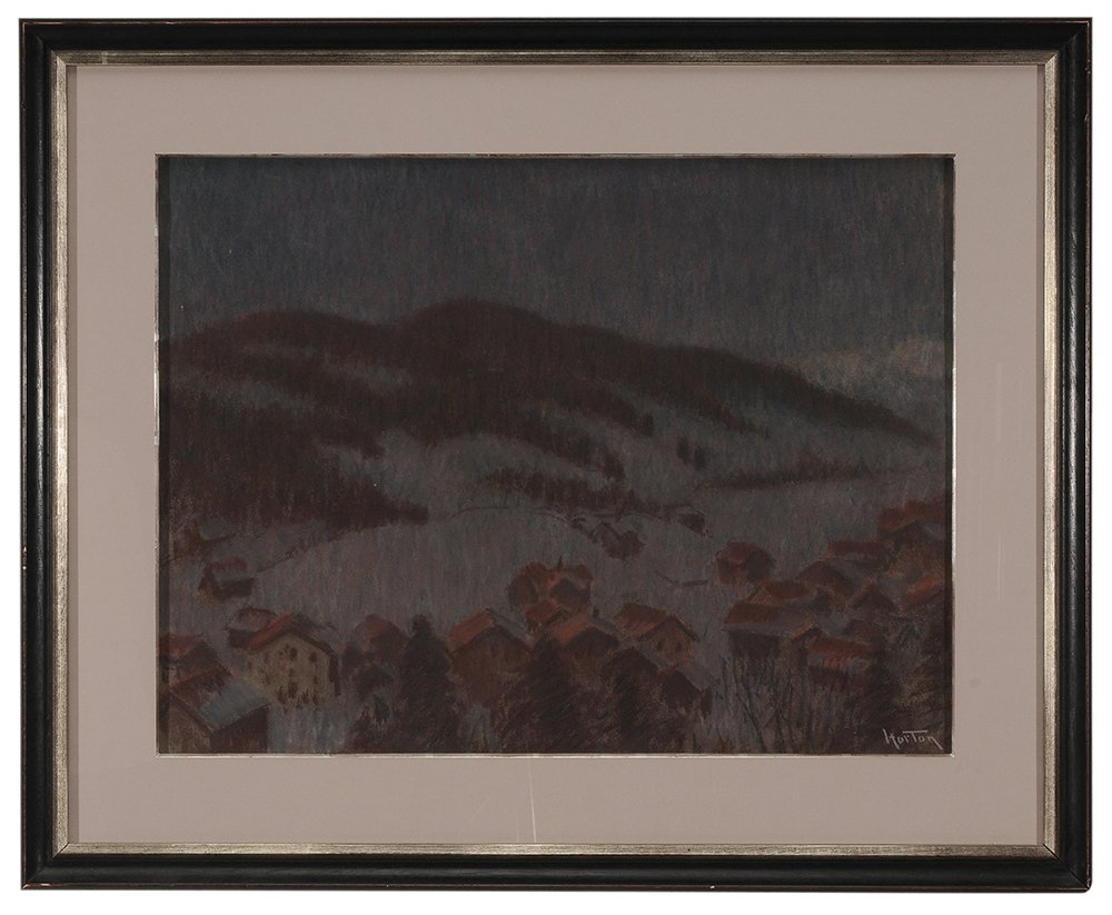 William Samuel Horton: (New York/France, 1865-1936) Snowy Winter Evening, signed lower right "Horton", pastel on paper, 17-1/2 x 23-1/4 in. (sight); parcel silver gilt and painted wood frame, not removed from archival frami