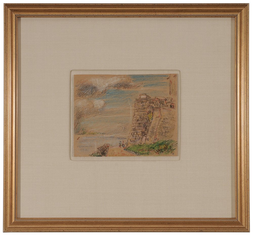Reynolds Beal: (Massachusetts/Rhode Island, 1866-1951) Fortified Wall, May 22, 1921, signed lower left "Reynolds Beal", colored pencil on paper, 4-3/4 x 6 in.; gilt wood frame with conservation glass, not removed fr