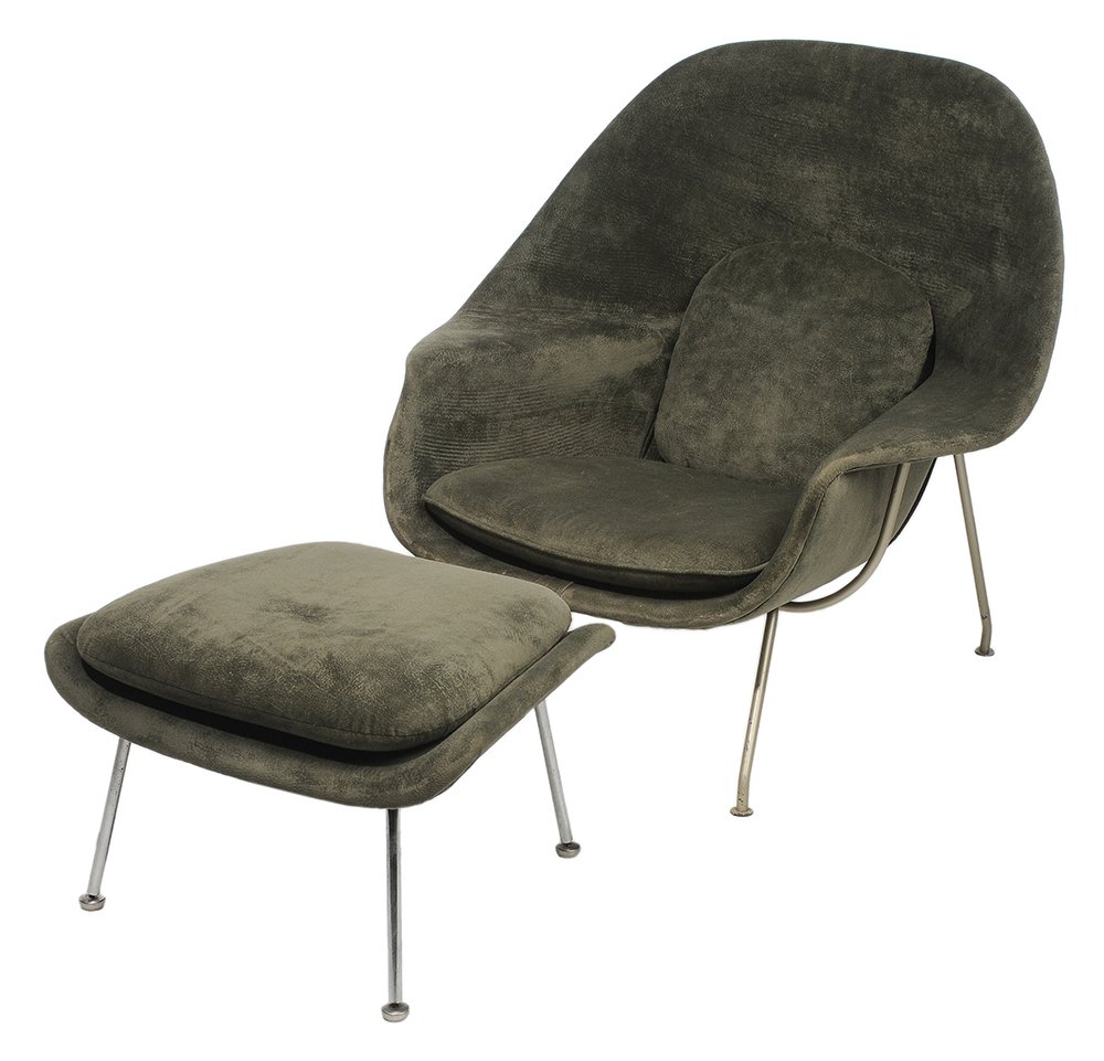 Knoll Upholstered Womb Chair and: Ottoman designed by Erro Saarinen, 1947, chair with painted frame, ottoman with chromed frame and sticker for "Knoll Associates, Park Avenue", matching sage upholstery, chair 35-1/2 x 39 x 33 in., ott