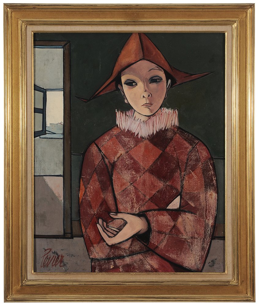 Charles Levier: (French, 1920-2003) [Jeune Saltimbique], signed lower left "Levier"and signed and titled verso canvas, oil on canvas, 30 x 24 in.; gilt wood frame, original stretcher and tacking edge, crackle, light