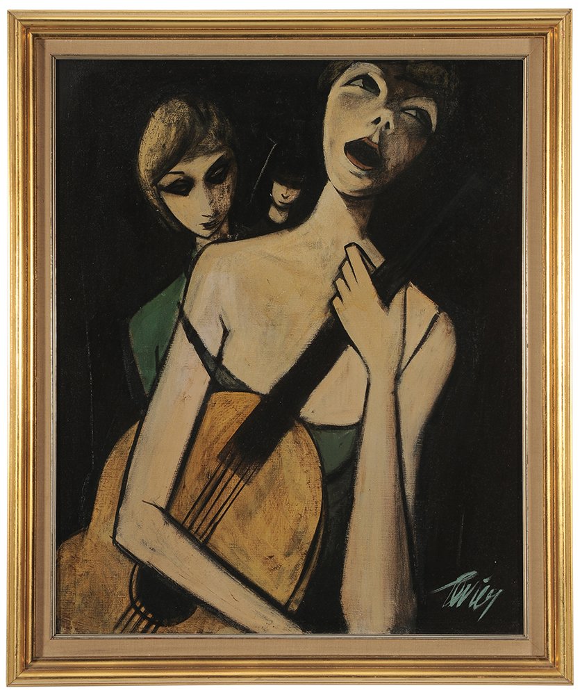 Charles Levier: (French, 1920-2003) [Chanteuse de Rue], signed lower right "Levier"and signed and titled verso canvas, oil on canvas, 24 x 19-3/4 in.; gilt wood frame, original stretcher and tacking edge, good condit