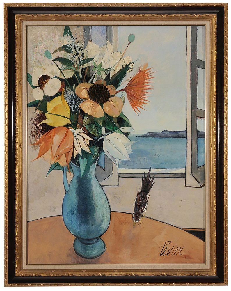 Charles Levier: (French, 1920-2003) [Le Vase Bleu], signed lower right "Levier" and signed and titled verso canvas, oil on canvas, 40 x 30 in.; carved, gilt and painted wood frame, original stretcher and tacking edge