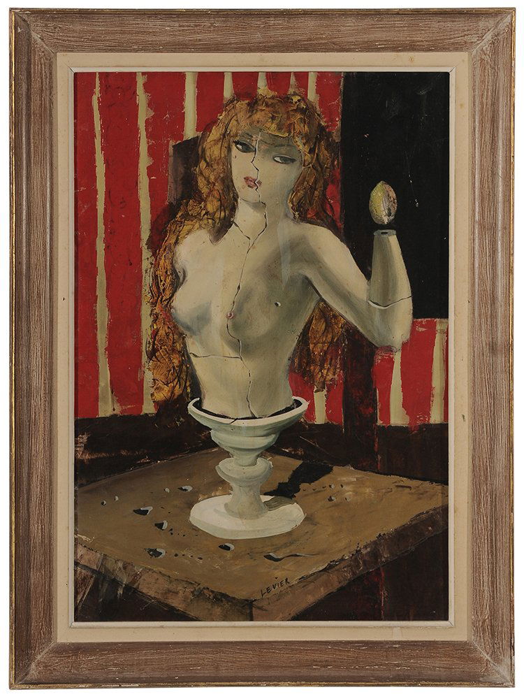 Charles Levier: (French, 1920-2003) Untitled (Surreal Bust), signed lower center "Levier", oil on fiberboard, 21-5/8 x 14-7/8 in.; pickled wood frame, abrasions; frame with abrasions. Notes: Comments from the consign