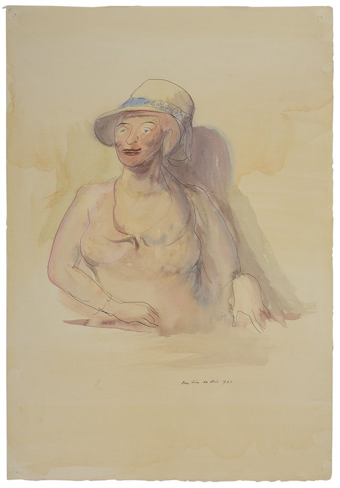 Guy Pène Du Bois: (New York/Connecticut/France, 1884-1958) Untitled (Woman in Hat), signed lower right "Guy Pène Du Bois 1928", inscribed verso "PD 352", ink and watercolor on cream paper, 18-3/4 x 13 in.; modern gilt