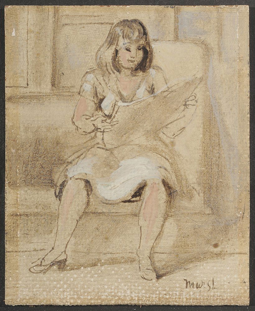Reginald Marsh: (New York, 1898-1954) Woman Seated, circa 1940, signed lower right "Marsh", oil and ink on masonite, 4-7/8 x 4 in.; modern frame, laid on mount, small chipping and losses at edges. Provenance: ACA Gal