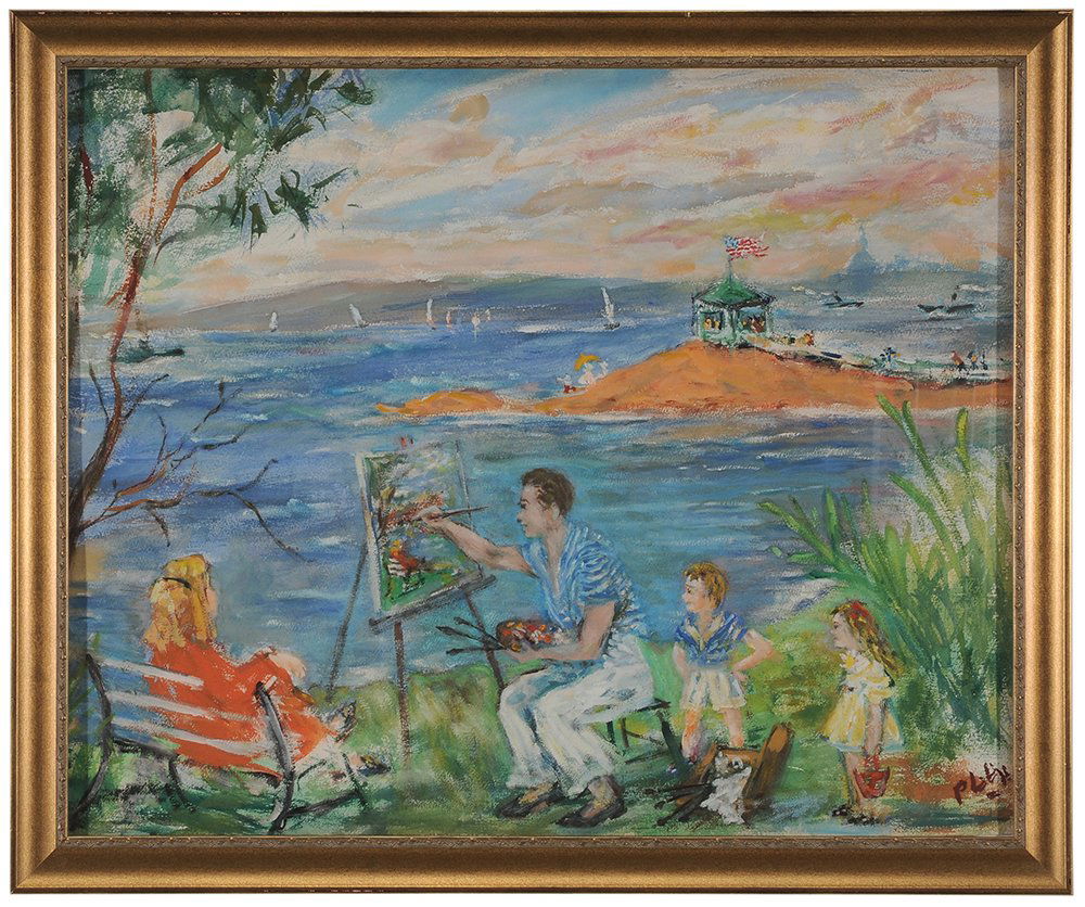 Robert Philipp: (New York, 1895-1981) Artist Painting on the Coast with Family, signed lower right "Philipp", gouache on paper, 21-3/4 x 26-3/4 in.; gilt wood frame, not removed from archival framing