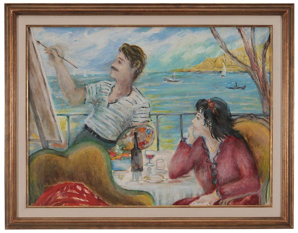 Robert Philipp: (New York, 1895-1981) Artist Painting at a Table with View of the Coast, signed lower left "Philipp", gouache on paper, 22 x 29-3/8 in.; modern frame, not removed from archival framing