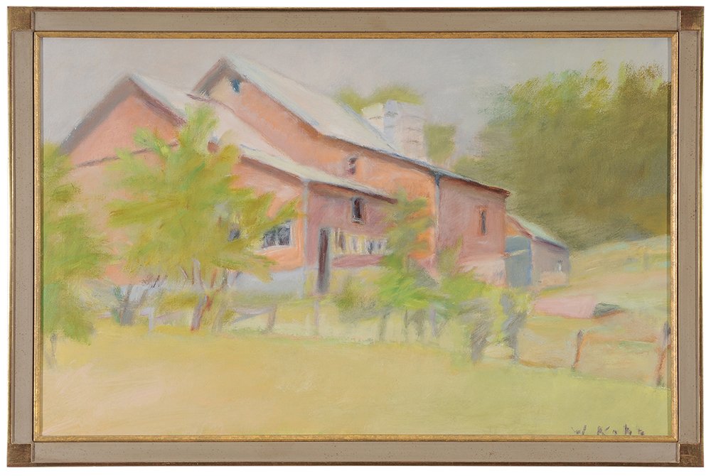 Wolf Kahn: (New York/Vermont, born 1927) Red Barn I, 1980, signed lower right "W. Kahn" and inscribed with title and numbered "66" verso stretcher, oil on canvas, 18 x 24 in.; fine hand carved, painted and gilt