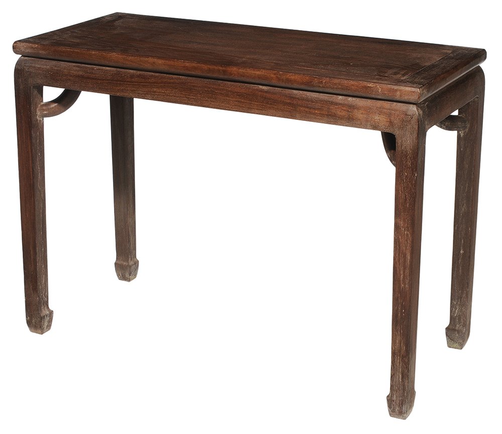 Ming Style Hardwood Altar Table: Chinese, probably 19th century, hardwood throughout, paneled top and molded legs, set with corner braces, 32 x 43 x 18-3/4 in., surface distress and finish losses overall, otherwise generally good con