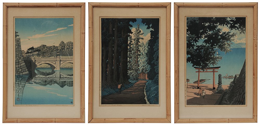 Hasui Kawase: (Japanese, 1883-1957) Three woodblock prints: "Chuzenji Temple at Utagahama Beach," titled lower left in pencil "Lake Chuzenji, Nikko", signed lower right in pencil, notations in ink lower left margin