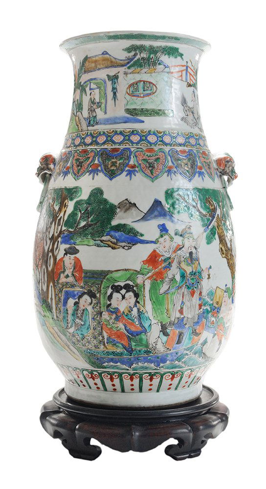 Heavily Enameled Five-Color: Porcelain Vase Chinese, 20th century, flaring rim over neck with figures in a landscape and foo dog ring handles, body depicting warriors in a landscape, six-character mark in underglaze red, 15-3/4 i