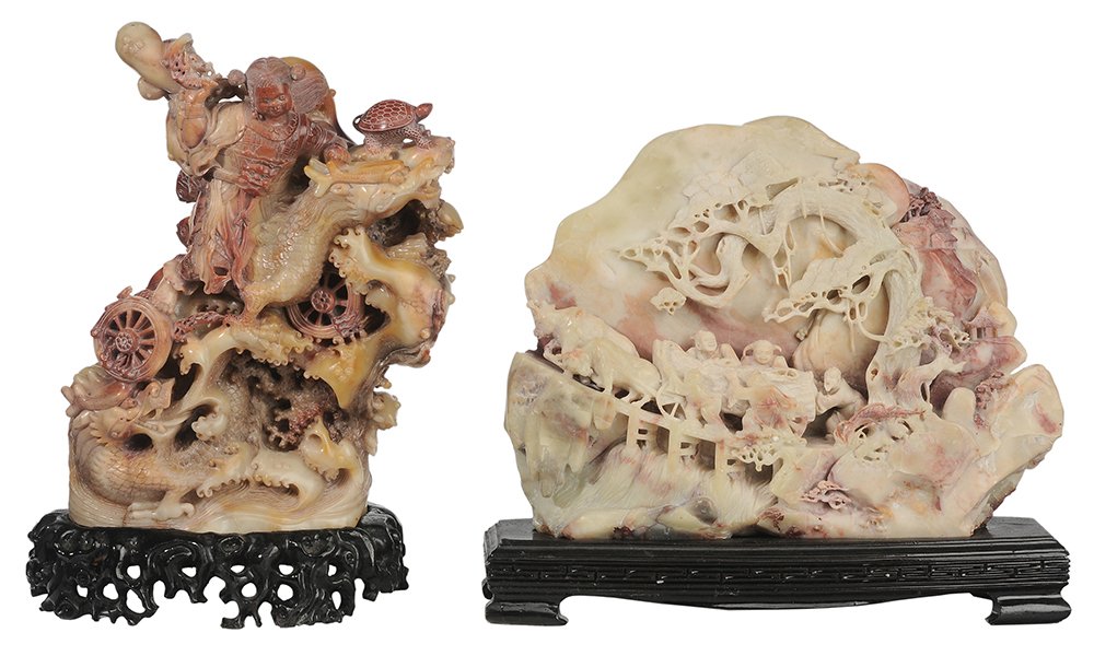 Two Carved Soapstone Figural: Boulders Chinese, 20th century: one depicting a figure with dragon and fish with waves in foreground, well carved on both sides, 10-1/4 x 8 in.; together with a boulder with figures with an ox cart in