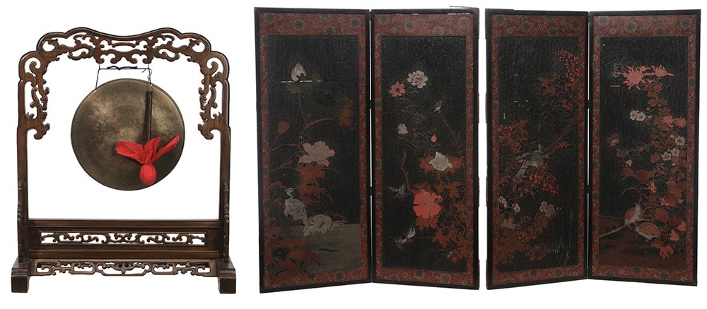 Chinese Hardwood and Brass Gong,: Four-Panel Folding Screen Chinese and Japanese, early 20th century: Chinese hardwood pierced frame supporting the circular brass gong with beater, 23 x 27 x 11 in.; Japanese four-panel carved and inla