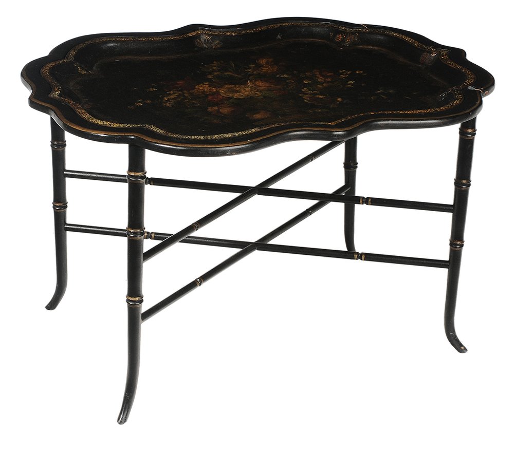 Painted, Lacquered and Mother-of-: Pearl Inlaid [Papier Mache] Cartouche Form Tray on Stand 19th century tray with central painting depicting an urn of flowers, conforming modern faux bamboo frame with stretcher base, 21 x 34-1/2 x 26-