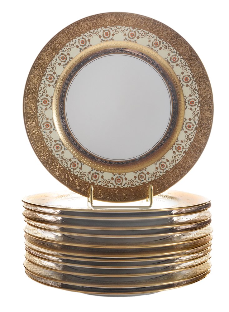 Twelve Bavarian Porcelain Service: Plates German, 20th century, each with white center, gray and green rims, floral banding with gilt border, stamped "Bavaria 18/[star within a circle] Macy", 10-3/4 in., minor loss to gilt and enamel d