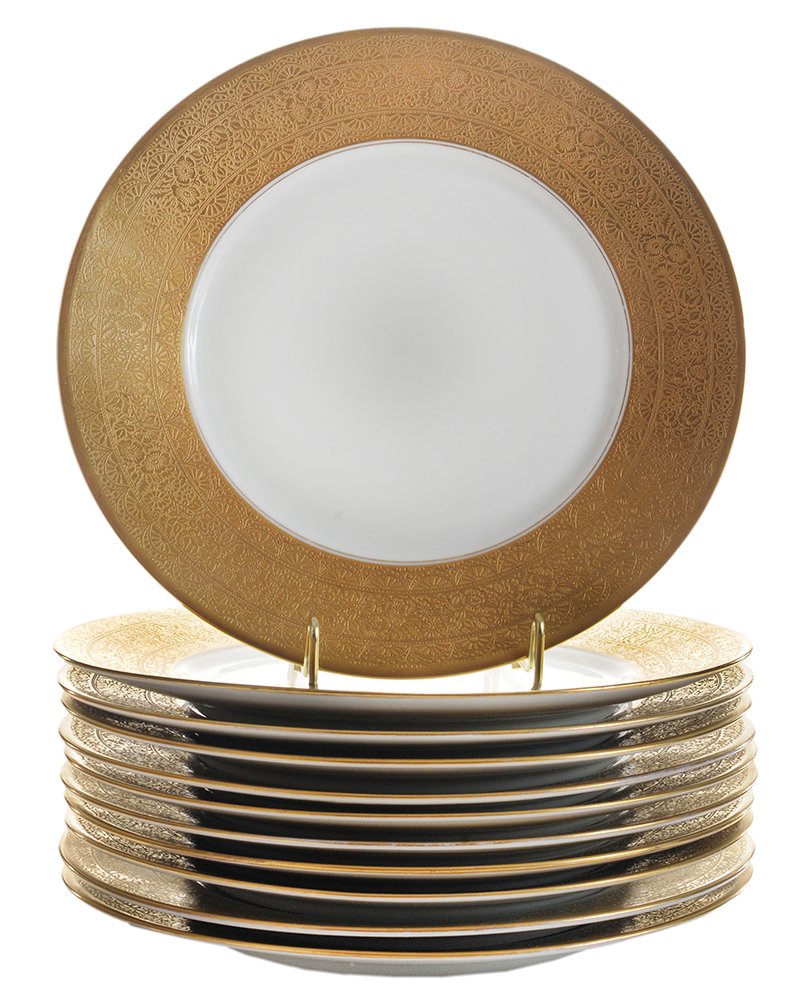 Eleven Ovington Bros. Porcelain: Service Plates early 20th century, each with white center, banded rim, some stamped "Ovington Bros. Co. New York" and impressed "27", 10-3/4 in., good condition, very minor gilt wear. Provenance: Coll