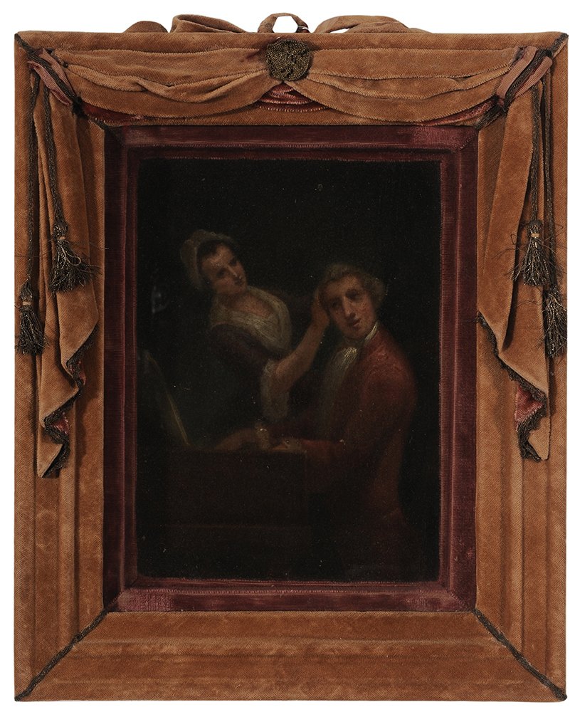 British School: (possibly 18th century) Gentleman Playing a Piano, unsigned, oil on undetermined, but possibly card or panel, 12-1/4 x 10-1/4 in.; velvet wrapped frame with theatrical curtain and metal thread tassle