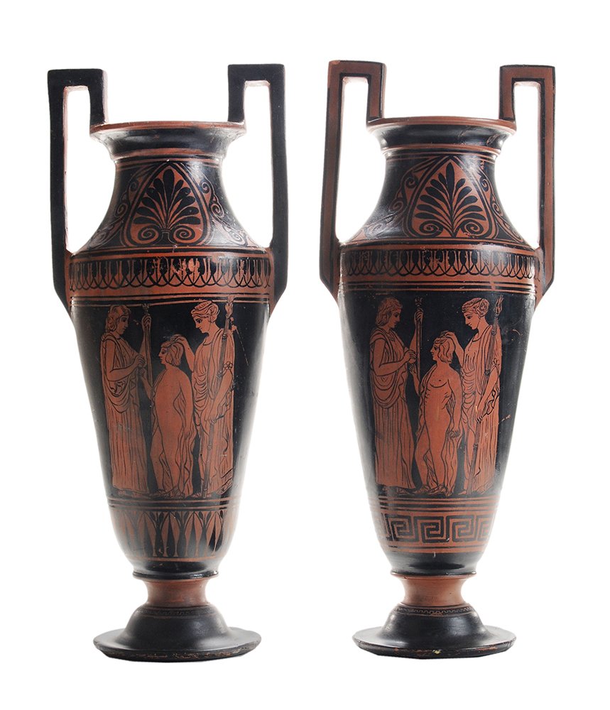Near Pair Finely Decorated Terracotta: Redware [Loutrophoros] Greece, 20th century, vasiform bodies with flaring rim and two applied handles, stylized black decoration depicting classical figures, 22-1/4 x 8-3/4 in. at handles, each with o