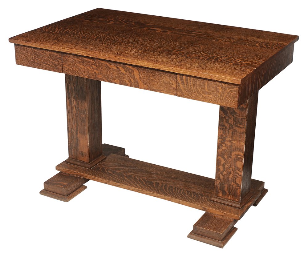 Arts and Crafts Oak Desk: American, early 20th century, quarter-sawn oak, single drawer with trestle-form base, 29-1/4 x 40 x 26 in., refinished, scattered minor surface wear and stains. Provenance: Estate of Thomas M. Brennan