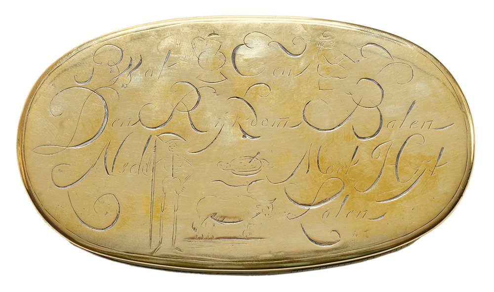 Dutch Engraved Brass Tobacco Box: engraved on both sides with figures, a skeleton and inscriptions that translate roughly "What good is wealth to a smoker, when you die you can't take it with you?", other inscriptions, 5 in., generall