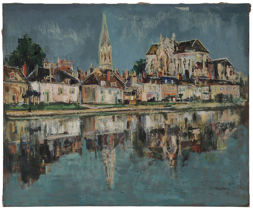 Philip Anthony Moose: (North Carolina, 1921-2001) Auxerre, France, signed lower right "Philip Moose", oil on canvas, 28 x 34 in.; unframed, original stretcher and tacking edge, abrasions, flaking
