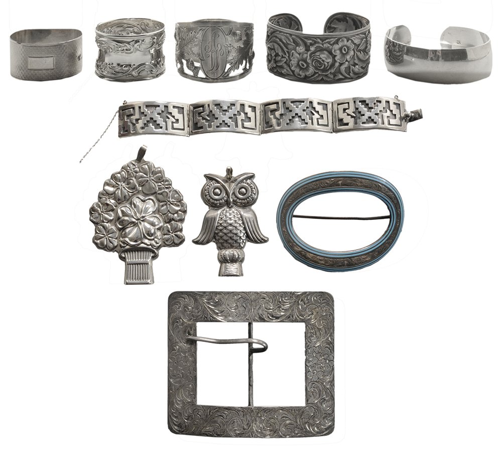 Twenty-Seven Sterling Items: American, 20th century, including eight napkin rings, various makers and patterns including two matching English silver with engine turned decoration, one English silver with openwork thistle decorati