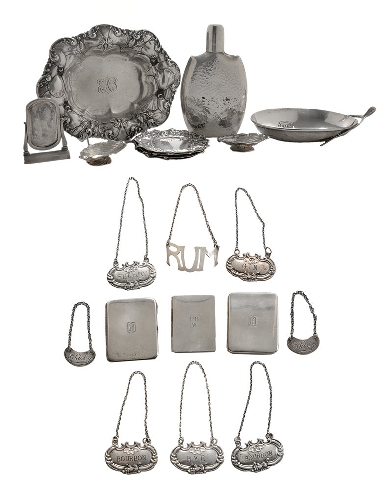 Twenty-Two Sterling Items: including Steiff Repouss? mug; flask; oval Whiting floral bowl; Ferdinand Fuchs & Bros egg-form dish with wishbone handle, "Easter Greeting" and chicky; four Gorham butter pats, scroll and foliate bor