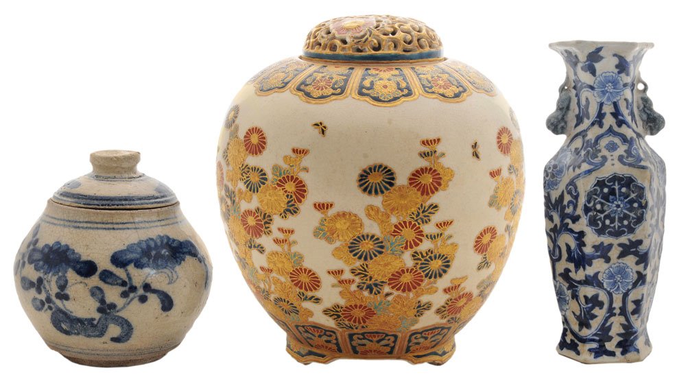 Satsuma Covered Ginger Jar,: Chinese Porcelain Vase and Stoneware Jar 20th century: finely gilt and enameled Satsuma ginger jar, pierced cover, floral decoration, three shaped bracket feet, signed on base, 7-3/4 x 6 in., [minor c