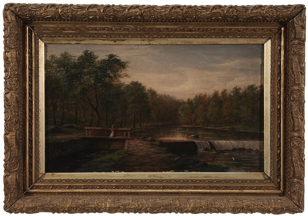Alfred Thompson Scott: (Delaware, 1832-1914) Looking Up The Brandywine - Third Dam, 1896, signed lower left "A T Scott", titled, signed and dated on canvas verso, oil on canvas, 16 x 27 in.; original gilt wood and compositi