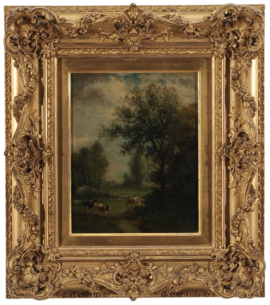 James MacDougal Hart: (New York, 1828-1901) Landscape with Cows, Catskills, New York, signed lower right "Jas M Hart", oil on fiberboard, 9-7/8 x 7-7/8 in.; original gilt wood and composition frame, yellowed varnish; frame
