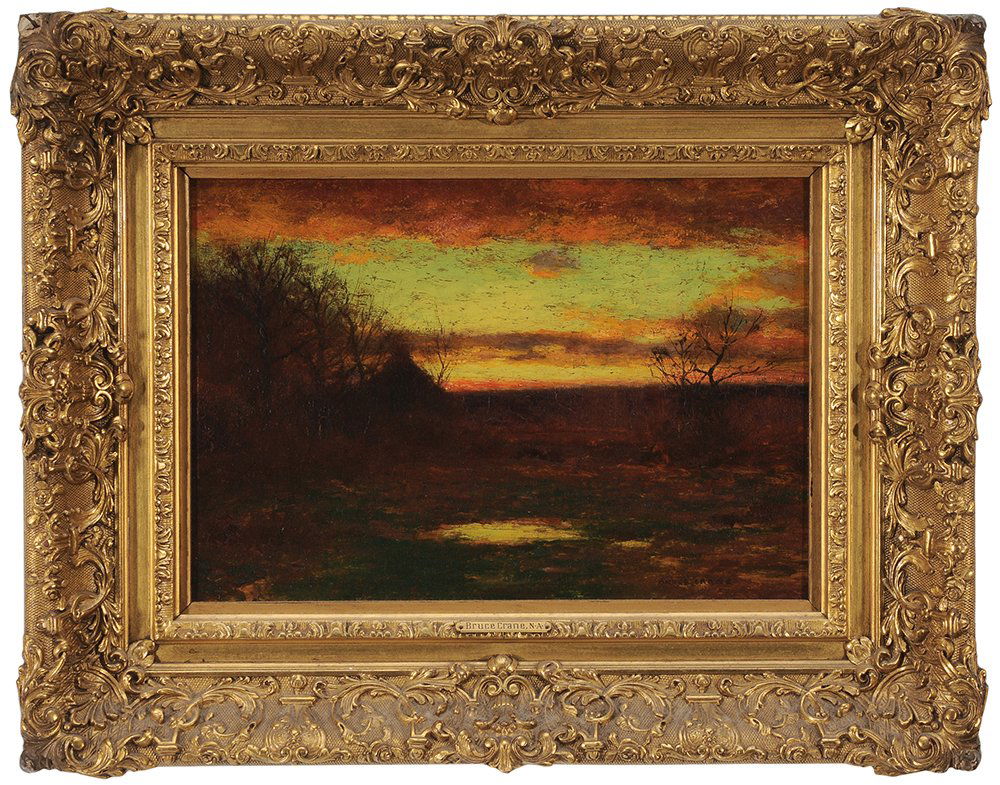 Robert Bruce Crane: (Connecticut/New York, 1857-1937) Landscape at Sunset, signed lower right "Bruce Crane", oil on fiber board, 9 x 13-1/8 in.; possibly original gilt wood and composition frame, crackle, yellowed varnis