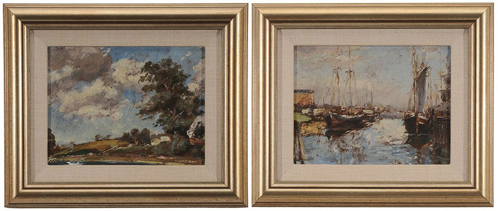 Max Kuehne: (New York/Germany, 1880-1968) two Rockport, Massachusetts, scenes: The Harbor and Cloudy Skies, unsigned, oil on fiberboard, 8 x 6-1/4 in.; matching modern silver gilt frames, good condition. Notes: A