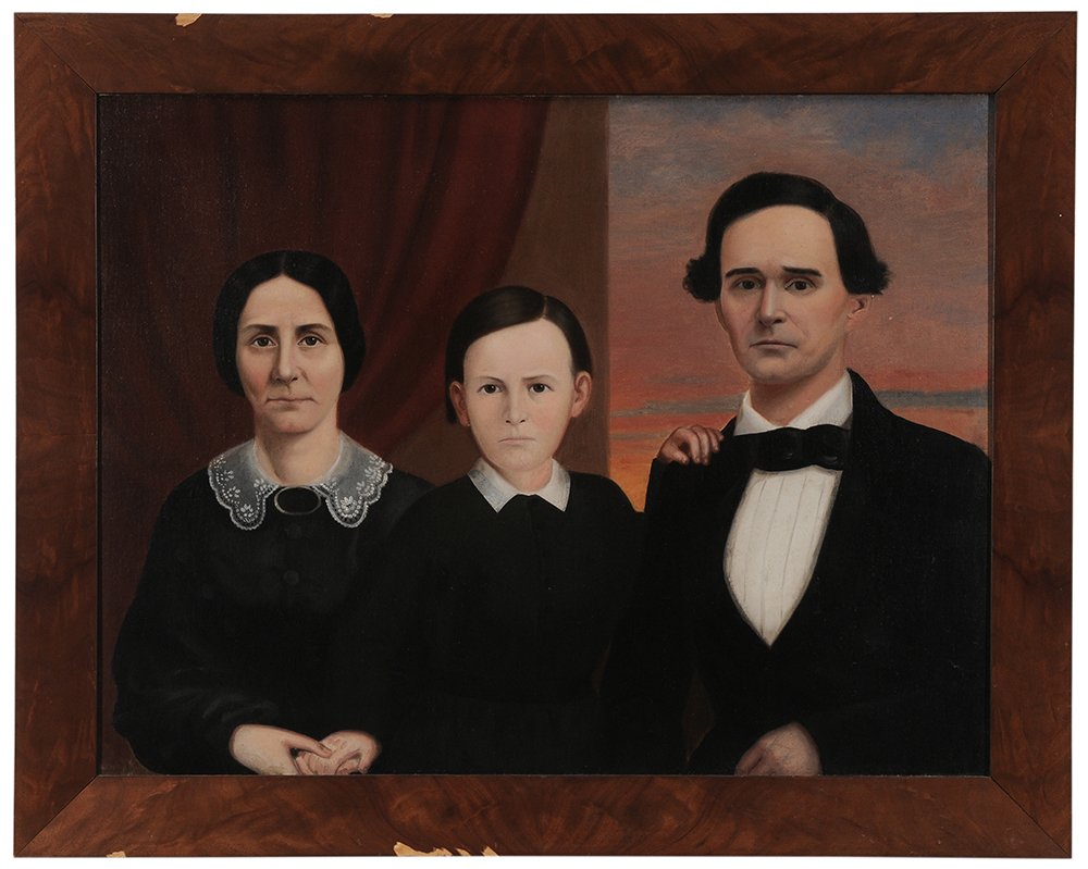 Attributed to William Carroll Sanders: (Alabama, active 1830-1870) Portrait of a Family, against a southern sunset, c. 1850, unsigned, oil on canvas, 30-1/2 x 40 in.; wood veneer frame, laid on aluminum panel, retouch scattered throughout 