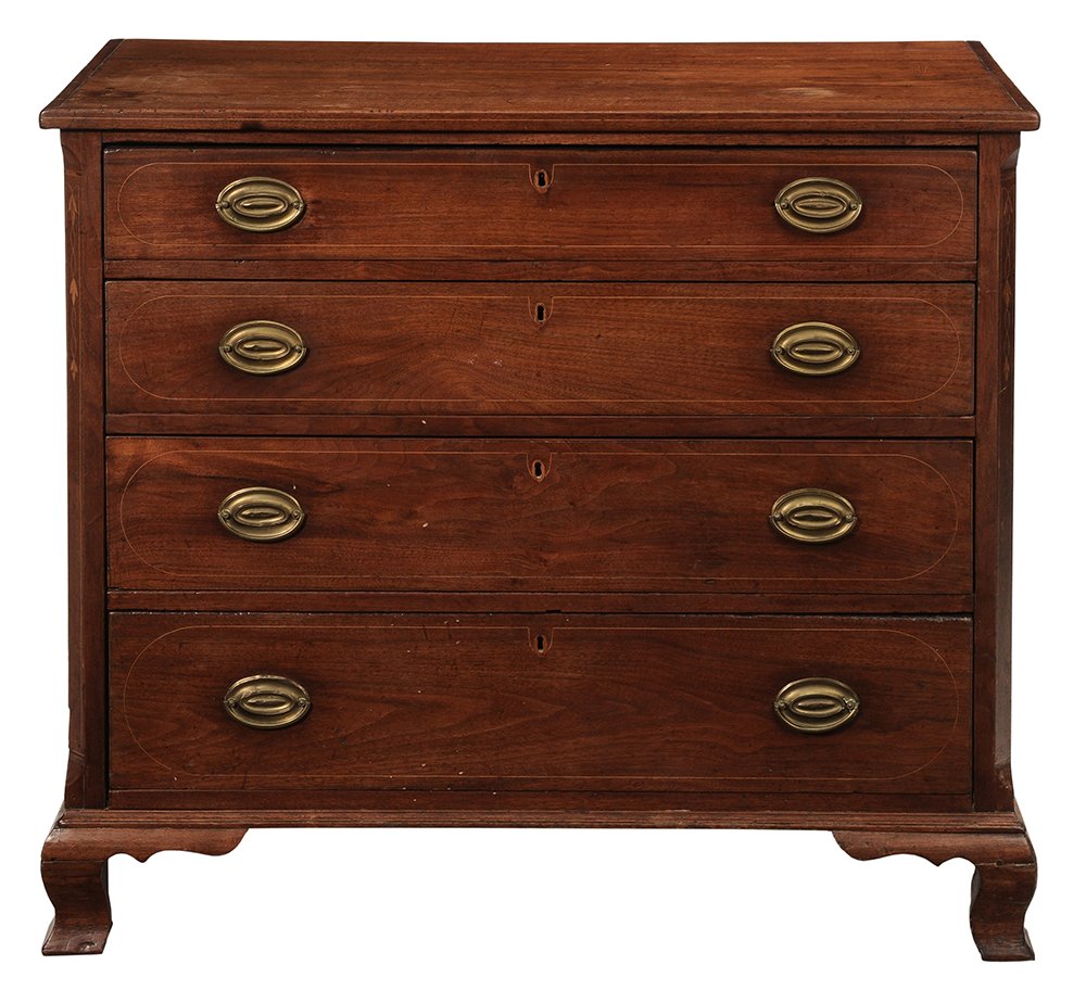 Southern Federal Inlaid Walnut Four-: Drawer Chest Tennessee or North Carolina, late 18th/early 19th century, graduated dovetailed drawers with line inlay and inlaid oval escutcheons, yellow pine secondary throughout, chamfered front corn