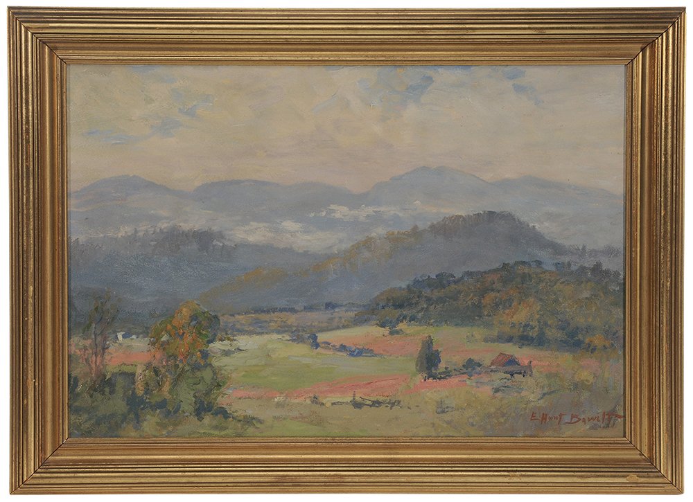 Elizabeth Hunt Barrett: (Amherst, Virginia, 1863-1955) Farm North of Lynchburg, Virginia, Amherst County, signed lower right "E Hunt Barrett", oil on fiberboard, 16-1/2 x 24 in., 21 x 28-1/2 in. with frame; gilt wood frame, 