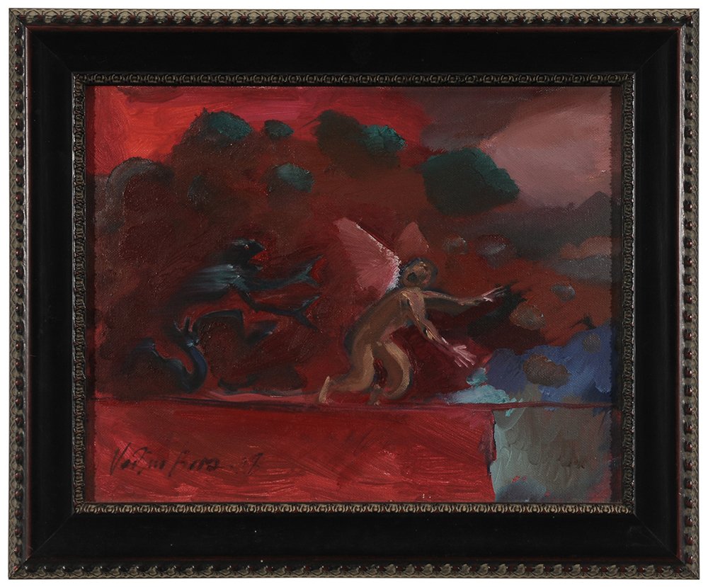 Vadim Bora: (Asheville, North Carolina/Russian, 1954-2011) Angel Chased, signed lower left "Vadim Bora 97", oil on artist board, 11 x 14 in.; modern frame, good condition. Provenance: Private Collection