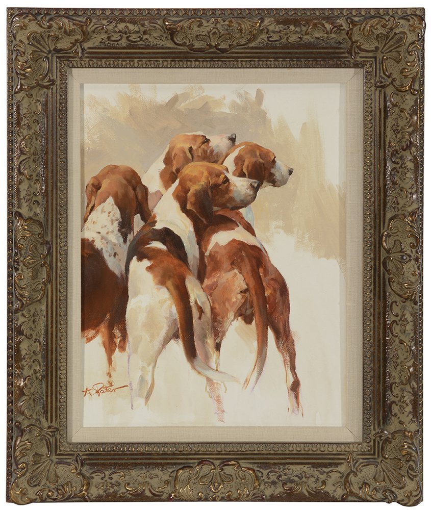 Andre Pater: (Kentucky/Poland, born 1953) Hounds, signed lower left "A. Pater", oil on canvasboard, 13-1/8 x 10-1/8 in.; painted wood and composition frame, good condition. Provenance: The Estate of the late John 