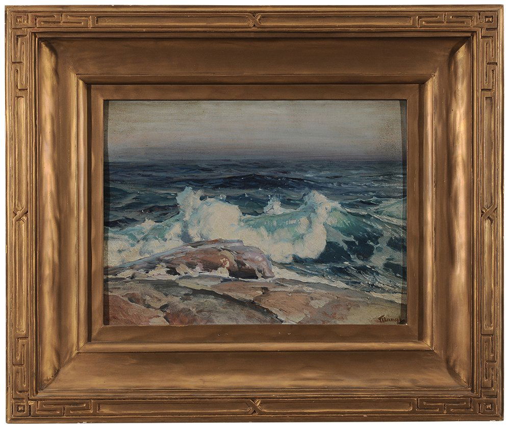 Frederick Judd Waugh: (New Jersey/Massachusetts, 1861-1940) Waves Crashing on a Rocky Coast, signed lower right "Waugh", oil on artist board, 12 x 16 in.; original carved and gilt wood frame, grime, board slightly convex;