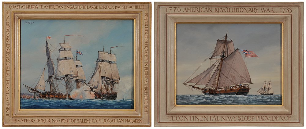 William Noland Van Powell: (Tennessee, 1904-1973) A Pair of Revolutionary War Naval paintings: Continental Navy Sloop [Providence], signed verso on stretcher and frame "Nowland Van Powell", 14 x 18 in.; The Privateer [Pickering