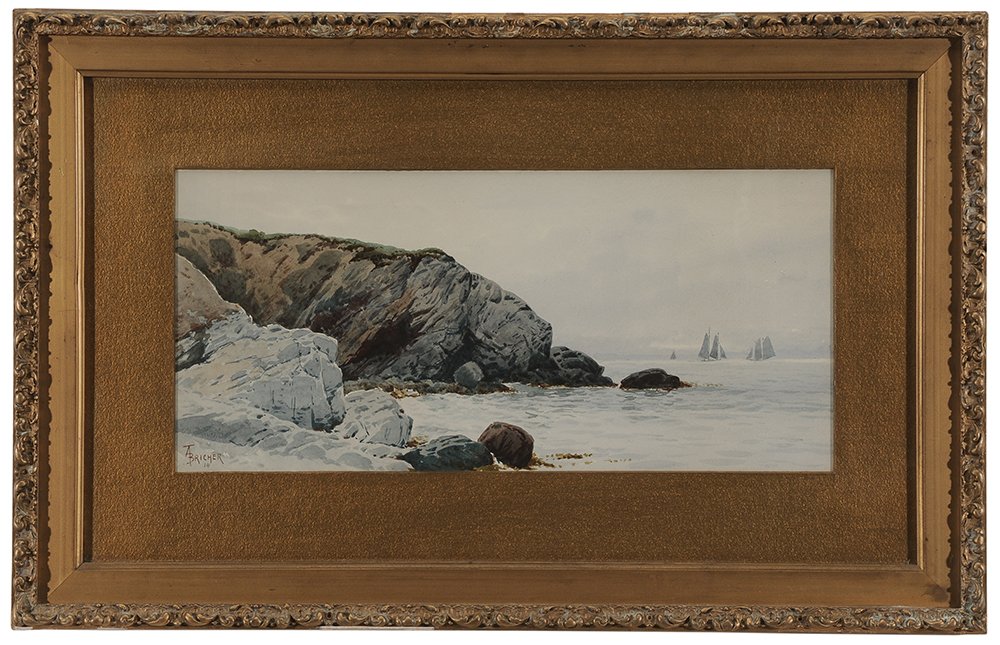 Alfred Thompson Bricher: (New York, 1827-1908) Rocky Coastal Scene, signed lower left "A Bricher 14", watercolor on paper, 16-1/4 x 27 in. (sight); gilt wood and composition frame, laid down; frame with losses. Provenance: Es