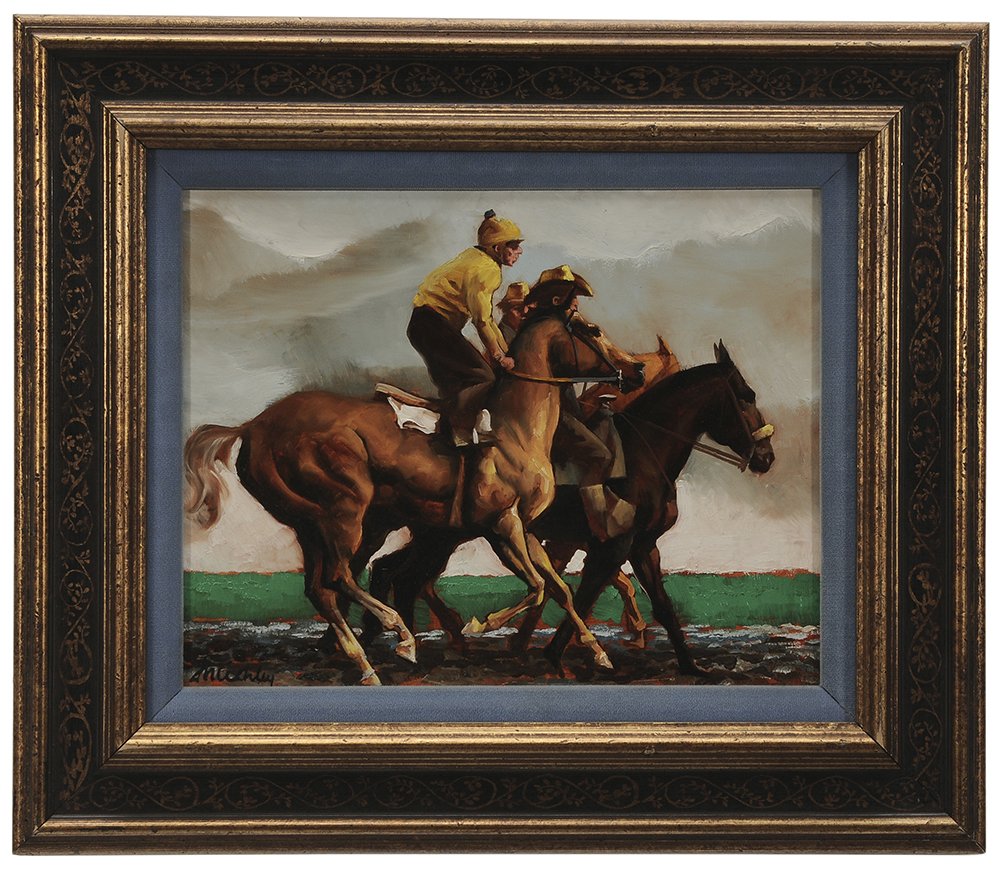 Frank Nelson Ashley: (California/New York/Nebraska,1920-2007) Santa Anita-Morning Workout-3 Horses, signed lower left "Frank n. Ashley" and signed, titled and numbered "A22" verso, acrylic on masonite, 11-7/8 x 15 in.; pa