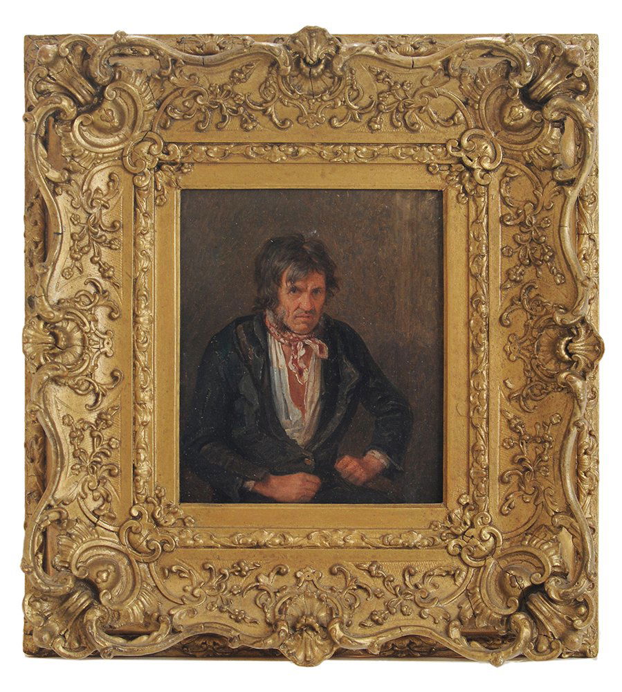 British or Dutch School: (19th century) portrait of a vagabond, unsigned, partial label verso "Street London 1 Carter Pate…/J. S. Mori…Private Collection Peru South America," oil on panel, 7-1/4 x 5-3/4 in.; gilt wood and