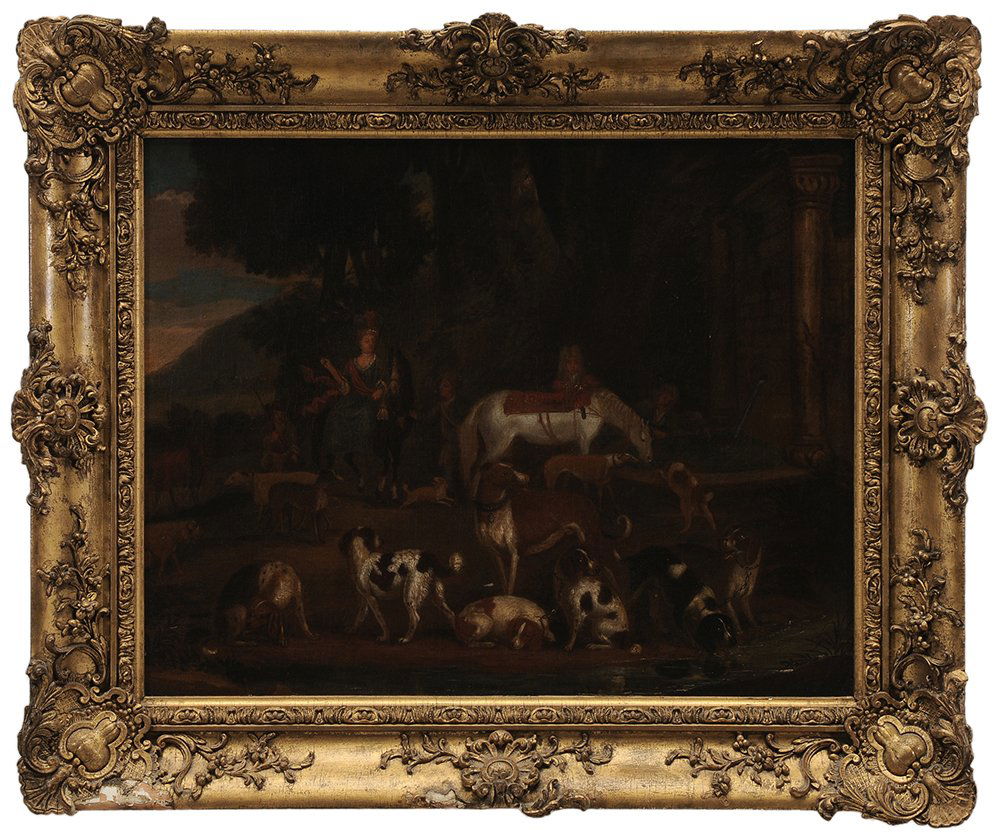 British or Flemish School: (18th century) Hunting Party and Dogs Watering at a Fountain, unsigned, oil on canvas, 19 x 24-1/8 in.; gilt wood and composition frame, lined, crackle, areas of overcleaning, darkened; frame with los