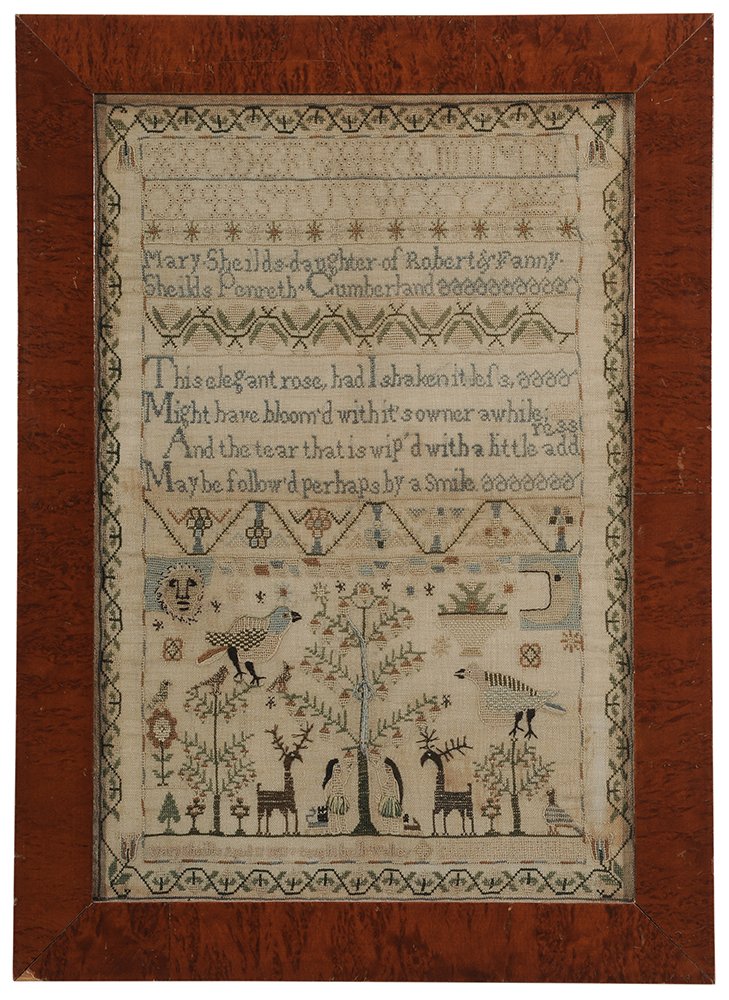 Fine 1811 Adam and Eve Needlework: Penrith, Cumberland, England, stitched top "Mary Shields -daughter of Robert & Fanny Shields Penreth [sic] Cumberland" over four line verse, lower panel depicts Adam and Eve appearing to wear grass sk