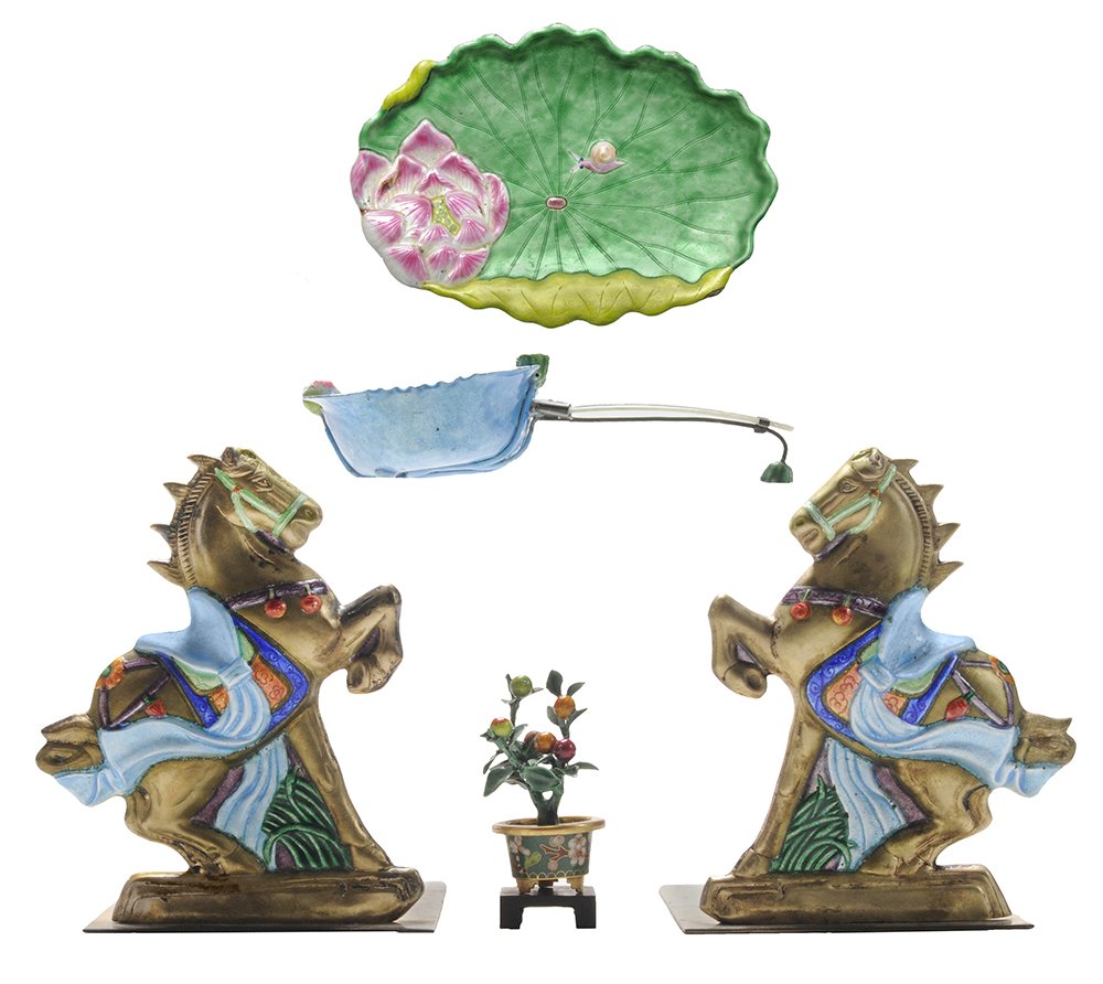 Five Brass and Enameled Chinese: Table Objects 20th century: enameled blue leaf-form bowl, applied carved green jade handle, 2 x 7-1/4 x 4 in., [abrasions to enamel at edges and at top of fruit and flowers;] pink and green enameled l