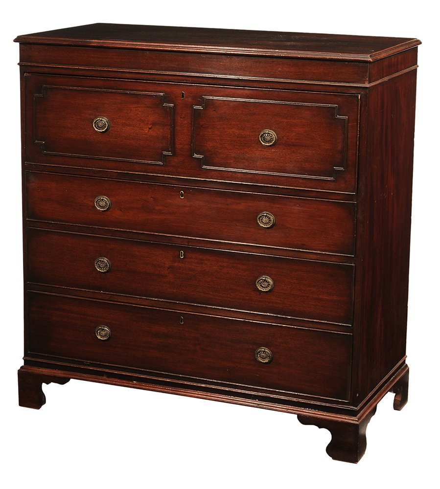 George III Mahogany Butler's Desk: British, 19th century, dovetailed drawers with oak linings, fitted desk drawer with satinwood veneers, 48-1/4 x 46-1/4 x 22 in., opens to 40-1/2 in., feet and brasses replaced, otherwise good conditio